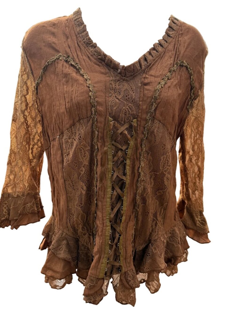 Pretty Angel brown tan elegant lace-up lagenlook blouse NWT Size S